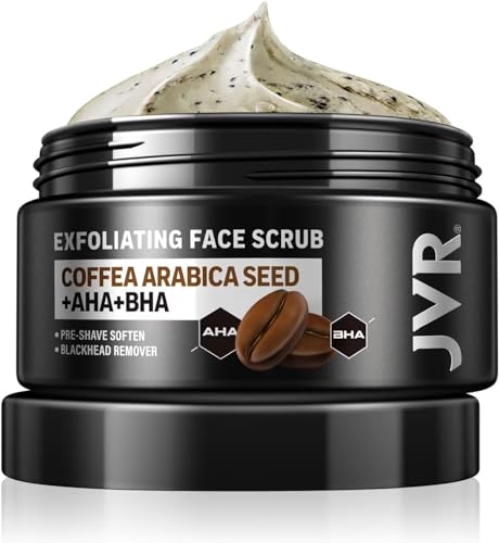 JVR Face Scrub for Men, Facial Scrub for Deep Exfoliating, Cleansing, Removing Blackheads, Ingrown Hair, Pre-shave Soften, Organic Formulated with Coffee Extract, AHA and BHA Face Exfoliator (4.23 oz)