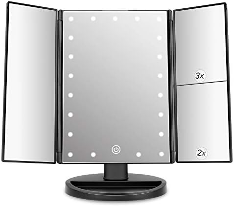 deweisn Tabletop Mount Trifold Lighted Vanity Mirror with 21 LED Lights, Touch Screen and 3X/2X/1X Magnification, Two Power Supply Mode Make up Mirror,Travel Mirror