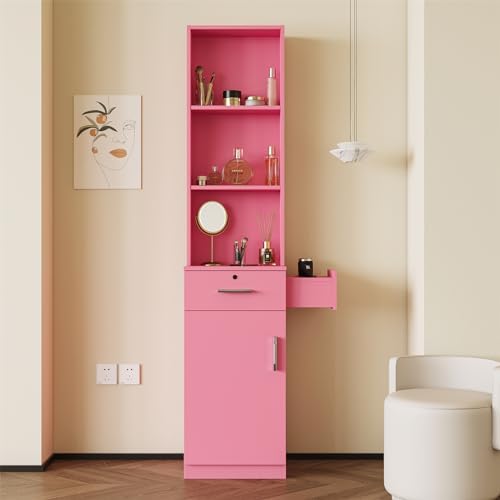 Barber Salon Work Station for Hair Stylist, Home Beauty Salon Equipment Barber Supplies Organizer Cabinet, Barbershop Furniture, Modern Simple Hair Desk with Multi-layer Storage (Pink)