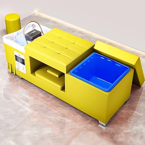 Massage Shampoo Bed-Shampoo Bed Includes U-Shaped Acrylic Shampoo Basin,Head Spa Equipment & Facial Beauty Bed with PU Seat(with Water Heater,Water Cycle,Yellow)