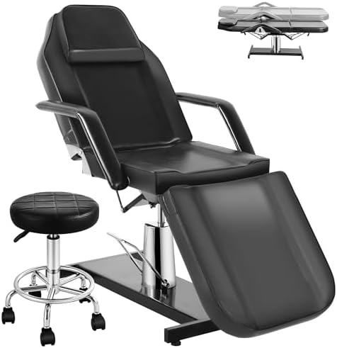 Facial Tattoo Chair Hydraulic Lash Esthetician Bed for Client, Beauty Barber Massage Table with Rolling Stool, Adjustable 360° Swive 3-Section Artist Spa Salon Chair Equipment, Black