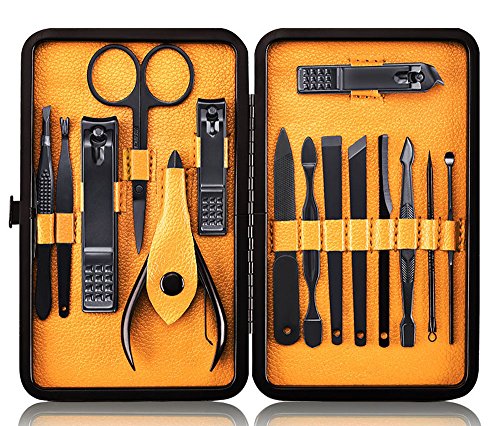 Professional Stainless Steel Nail Clipper Travel & Grooming Kit Nail Tools Manicure & Pedicure Set of 15pcs with Luxurious Case (Black/Yellow)