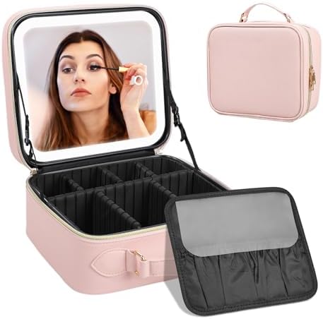Makeup Case with LED Mirror,Makeup Organizer Bag Travel Makeup Case Large Makeup Bag with Rechargeable Mirror 3 Color Lights Detachable Mirror for Women Beauty Tools Accessories（Pink）