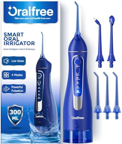 Oralfree Water Dental Flosser Cordless for Teeth Cleaning - 4 Modes Oral Irrigator 300ML Braces Flossers Cleaner, Rechargeable Portable IPX7 Waterproof Powerful Battery for Travel Home