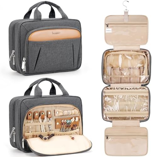 Travel Toiletry Bag for Women and Men, with Jewelry Organizer Compartment and Waterproof pocket, Hanging Makeup Accessories, Cosmetic Essentials, Toiletries Dopp Kit Set with Trolley Belt, Dark Grey