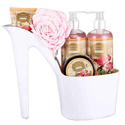 Bath and Body Gift Set - 6 Pcs Luxury Heel Shoe Spa Gift for Women Rose Scented Home Relaxation Set w/ Body Lotion & Butter, Shower Gel, Bubble Bath - Birthday, Christmas Gifts for Women by Draizee