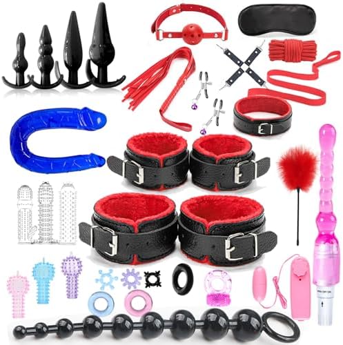 31 Pcs Bondage Restraints Set BDSM Bondage Sex Toys, Bondage Gear & Accessories with Straps & Bondage Cuffs & Anal Plug & Double Dildo& Vibrator & Nipple Clamps & Feather & Whip & Blindfold
