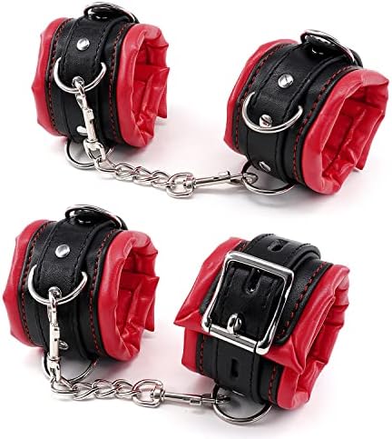 Padded Leather Bondage Handcuffs and Ankle Cuffs Set, Leather Sex Toys SM Wrist Cuffs for Bondage Restraints, Bondage Kit Sex Cuffs, Bondage Cuffs for Sex Games (Wrist & Ankle, Red/Black)