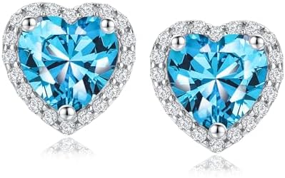 DAYBYDAY Birthstone Earrings for Women 925 Sterling Silver Halo Stud Earrings, Small Round/Cushion/Heart Gemstone Earrings Birthstone Jewelry