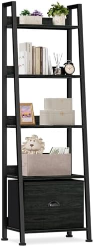 Furologee 5-Tier Ladder Shelf, Narrow Ladder Bookshelf with Drawer, 55.6”Tall Industrial Bookcase Storage Rack Organizer, Freestanding Storage Shelve for Living Room, Home Office, Bedroom, Black Oak