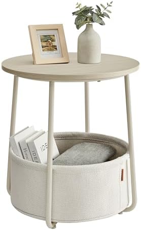 VASAGLE End Table, Small Bedside Table with Fabric Basket, Modern Nightstand, Round Side Table, for Living Room, Bedroom, Cream White ULET223K67