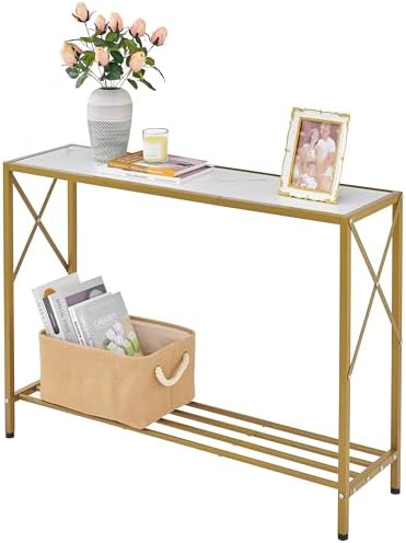 Tajsoon Entryway Table, 2-Tier Entry Way Console Entrance Table, 41.7”L Narrow Sofa Table with Shelves, Ideal for Hallway, Entryway, Living Room, Foyer, Corridor, and Office (Gold & White)
