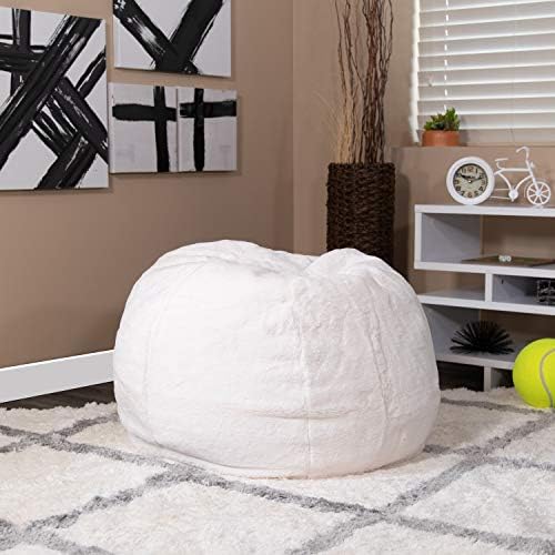 EMMA + OLIVER Small White Furry Bean Bag Chair for Kids and Teens