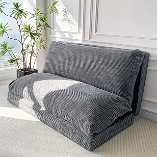 MAXYOYO Bean Bag Bed Folding Sofa Bed Floor Mattress for Adults, Extra Thick and Long Floor Sofa with Corded Washable Cover, Dark Grey, 54x95 Inch