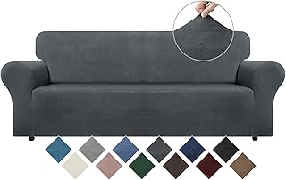 WEERRW Velvet Couch Cover for 3 Cushion Couch Covers - Stretch Sofa Slipcovers with Non Skid Foam and Elastic Bottom, Furniture Protector for Pets, Crafted from Soft Plush Fabric, Dark Grey, Large
