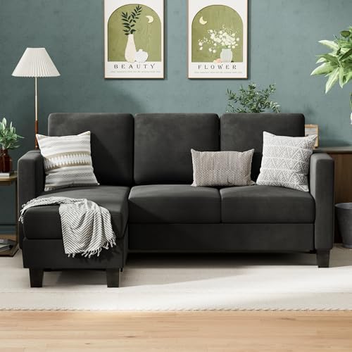 VICTONE Sectional Sofa Couch, 3 seat L-Shaped Small Sofa with Movable Ottoman Couch for Small Apartments, Living Rooms and Offices (Linen Fabric, Deep Grey)