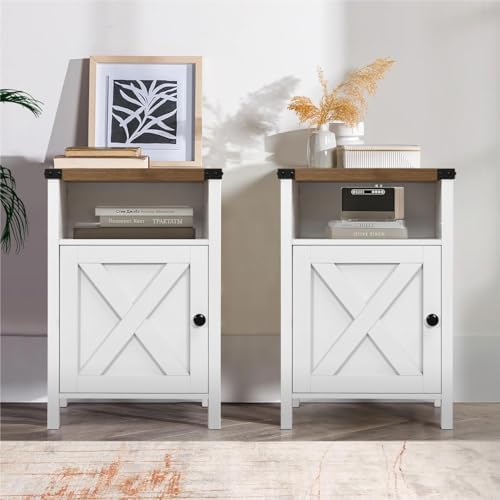 Catrimown Farmhouse End Table, Set of 2, Rustic Night Stand with Barn Door and Storage Shelf, White End Table Side Table for Bedroom Living Room, White