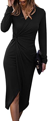 SHIBEVER Women's Long Sleeve Dress: Midi Casual V Neck Dresses Twist Waist Ribbed Knit Bodycon Slit Cocktail Party Dress