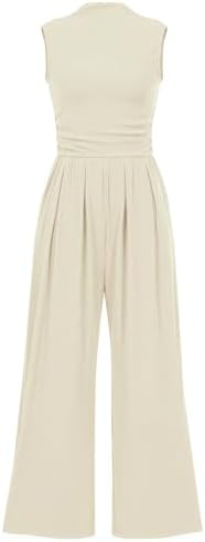 Tanou One Piece Jumpsuits for Women Dressy Casual Outfits Sleeveless Mock Neck Wide Leg Jumpsuits With Pockets