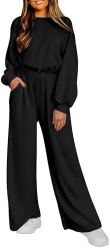 PRETTYGARDEN Women's Fall One Piece Jumpsuits Dressy Casual Long Sleeve Elastic Waist Pockets Wide Leg Long Pants Rompers