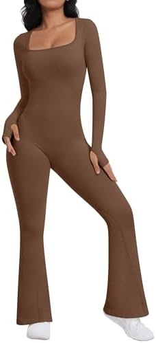 OEAK Ribbed Flare Jumpsuit for Women 2024 Long Sleeve Unitard Square Neck One Piece Workout Outfits Yoga Wide Leg Bodysuit