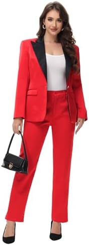 Lamgool Women's Suit 2 Pieces Shawl Lapel Satin Pantsuits One Button Tuxedo for Dinner, Event and Work