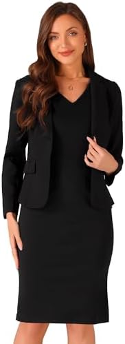 Allegra K Business Dress Suit Sets for Women's 2 Piece Outfit Work Office Notched Lapel Jacket Blazer Solid V Neck Dress