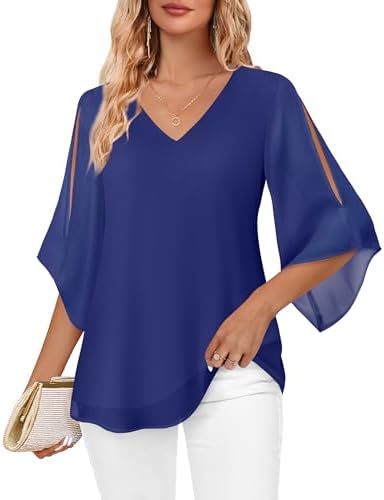 Bebonnie Womens Ruffle 3/4 Sleeve V Neck Double Layers Chiffon Blouses Dressy Tops