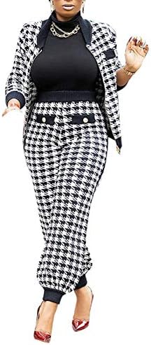 LKOUS 2 Piece Work Suits for Women's Houndstooth Print Buttons Open Front Long Sleeve Coat + Long Pants Casual Clothes