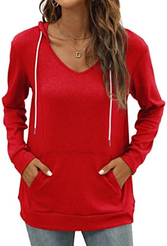 Saloogoe Kangaroo Pocket Hoodies for Womens V Neck Lightweight Sweatshirts Long Sleeve Tops