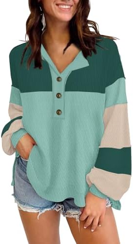 Disamer Sweatshirts for Womens Long Sleeve V Neck Striped Fashion Oversized T Shirts Casual Button Down Henley Neck Tops