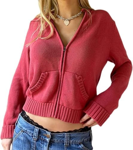 Y2k Jacket Women Zip Up Hoodie Y2k Vintage Long Sleeve Knitted Sweatshirt 90s Crop top Knitwear Coat