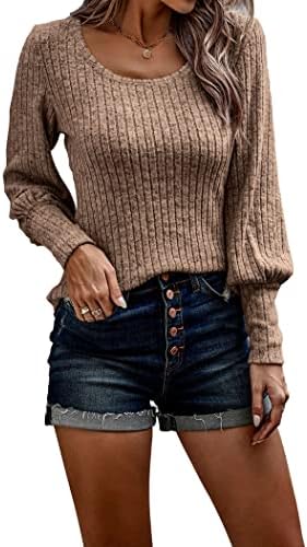 PRETTYGARDEN Women's Pullover Sweaters Long Lantern Sleeve Casual Crew Neck Ribbed Knit Jumper Blouse Tops