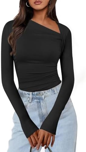 Caracilia Women Long Sleeve Asymmetric Shirts 2024 Fall Fashion Slim Fitting Tshirts Going Out Tops Sexy Tight Y2k Outfits