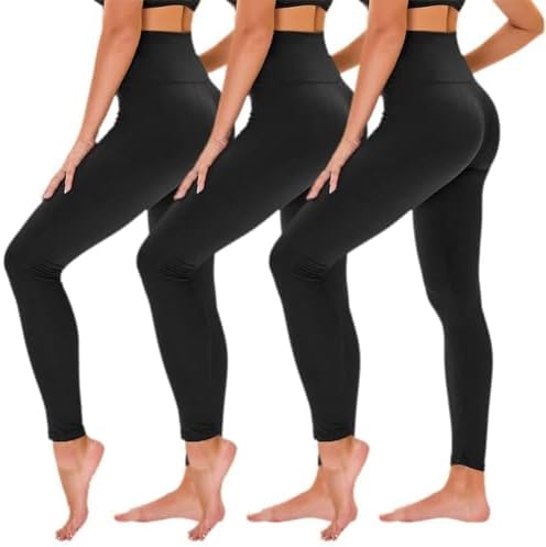 TNNZEET 3 Pack Leggings for Women - Black Tummy Control High Waisted Soft Yoga Pants for Workout Gym Running with Pockets