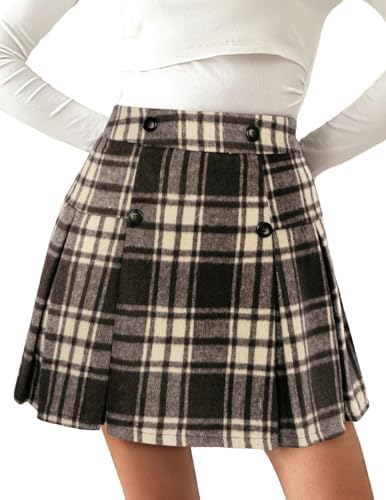 Kate Kasin 2024 Women's Pleated Plaid Mini Skirt High Waist A-Line Fall Winter Casual Skirts
