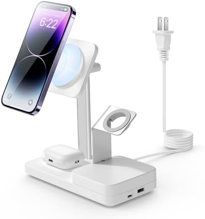 ESR 65W 4-in-1 GaN Wireless Charging Station(5-in-1 Stand), Designed for MagSafe Charger Stand, Magnetic Wireless Charger for iPhone 15/14/13, AirPods Pro/3/2, and USB A/C Devices, White