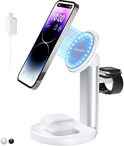 ELEGRP Magsafe Charger Stand, 3 in 1 Charging Station Apple, Wireless Charger for iPhone 15, 14, 13, 12 Pro Max/Pro/Mini/Plus, Apple Watch Ultra 8/7/SE/6/5/4/3/2/1, and AirPods 2/3/Pro (White)