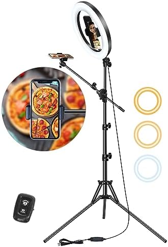 LUXSURE Selfie Ring Light with Stand for Phone, Ring Light Tripod for iPhone, Overhead Phone Mount 10.5" with Phone Stand and Remote, Phone Tripod with Light for Video Recording/Live Streaming/Cooking