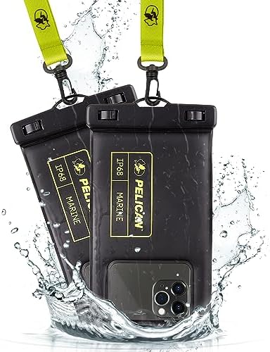 Pelican 2 Pack Marine - IP68 Waterproof Phone Pouch (Regular Size)-Floating Waterproof Phone Case For iPhone 15 Pro Max/ 14 Pro Max/ 13 Pro Max/ 12/ S24 - Detachable Lanyard - Black / Hi-Vis Yellow