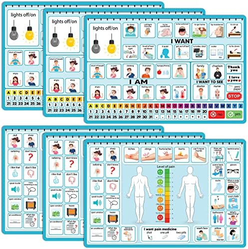 6 Pcs Communication Board for Nonverbal Adults Aphasia Communication Board Colorful Picture Symbol Communication Cards for Stroke Patients Children (Blue)