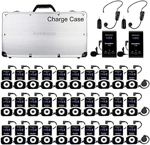 Retekess T130 Wireless Tour Guide System, Simultaneous Translation Equipment, Instant Interpretation with 2 Wireless Mic and 32-Slot Charge Case for School,Church (Case of 2 Transmitters 30 Receivers)