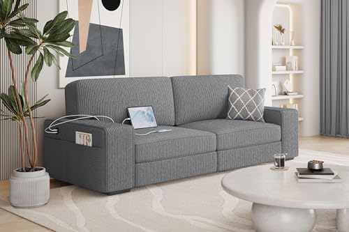 Yaheetech 83.5" W Modern Sofa Couch Corduroy Fabric Sofa with USB Charging Ports & Side Storage Pockets for Living Room Apartment, Dark Gray