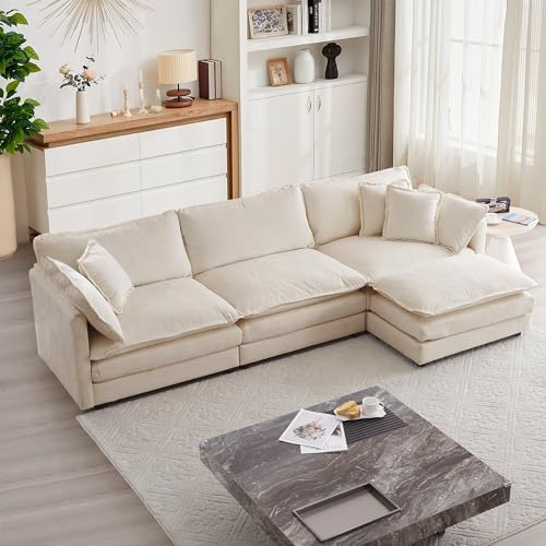 mikibama Modular Sectional Sofa, 111.5" L Shaped Couch Set for Living Room, 3-Seater Comfy Cloud Couches with Movable Ottoman, DIY Combination, Chenille, Light Coffee
