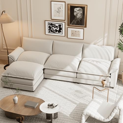 Sectional Modular Sofa L Shaped Chenille Fabric Couch with High Supportive & Soft Sponges and Removable Ottoman, Sleeper Comfy Upholstered Furniture for Living Room, White