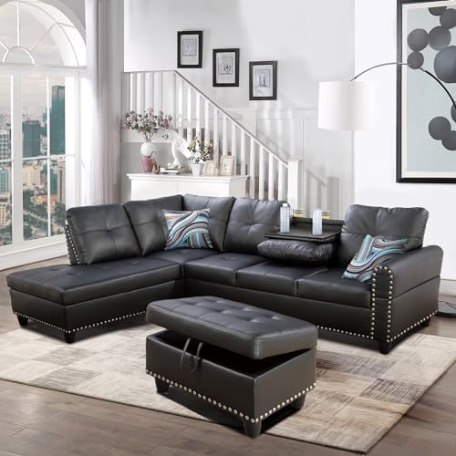 EMKK L Shaped Sofa with Ottoman Modern Nail-Head Design PU Leather Sectional Couches with Chaise, Cup Holder for Living Room, Bedroom, Office