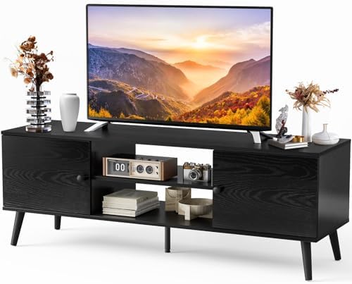 DUMOS TV Stand for 55 60 inch TV, Entertainment Center with Storage Cabinet, Mid Century Modern Media Console Table, Adjustable Hinge, Wooden Television Furniture for Living Room, Charcoal Black