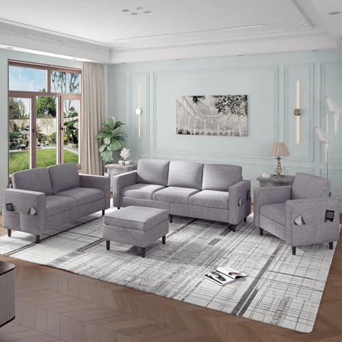 PUREMIND L Shaped Sofa Sets 4 Pieces for Living Room,Living Room Sofa and Loveseat Set,3-Seater L Shape+2-Seater Couch+Armchair Set Movable Ottoman for Appartment