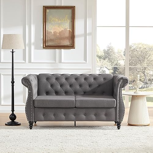 Tbfit Upholstered Chesterfield Sofa for Living Room, Loveseat Sofa with Nailhead Trim and Rolled Arms, Tufted Button Vintage Couch with Gourd Wooden Legs, Gray Chesterfield Sofas for Bedroom Couch