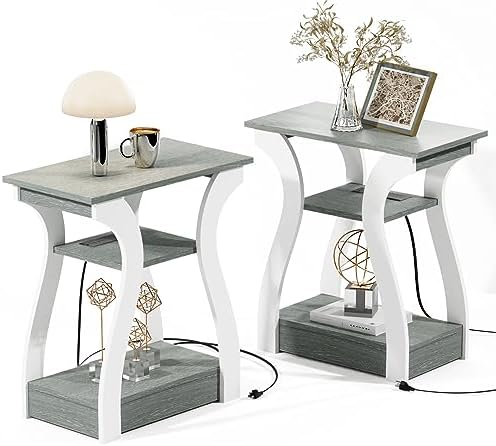 End Table Set of 2 with Charging Station, Side Table with USB Ports and Outlets, Nightstand, 3 Tier End Table with Storage Shelf for Living Room, Bedroom (Grey Set of 2)